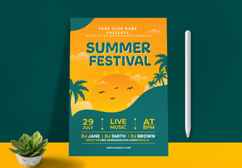 Summer Party Flyer Layout with Sunset Illustration