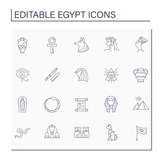 Egypt line icons set. Egyptian culture. Traditional Egyptian civilization symbols. Traveling concept. Isolated vector illustrations. Editable stroke