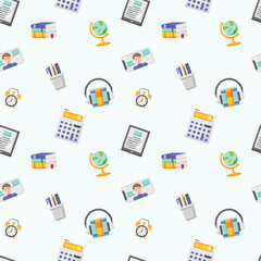 Seamless pattern with Elearning, school material, school tools icons flat, vector and illustration