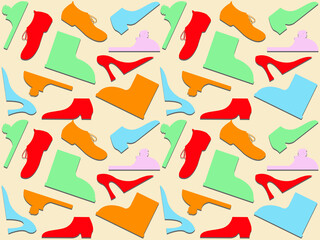 Raster graphics - seamless pattern - bright multicolored shoes scattered on the background. Concept shoe store