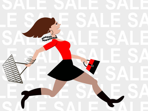 A young woman in a short skirt runs with a basket on a neutral background and a copy space. Concept sale and discounts
