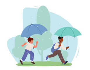 Happy Kids Run under Umbrella, Caucasian and African Boys Characters with Backpacks Walking at Rainy Weather
