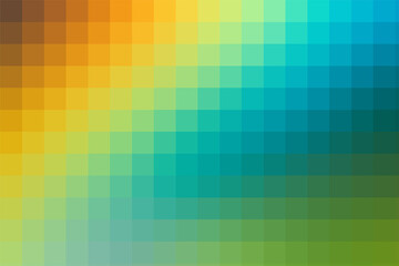 Background of orange and blue and green colors squares connected diagonally. Geometric texture. A backing of mosaic squares for publication, poster, calendar, post, wallpaper, postcard, banner, cover