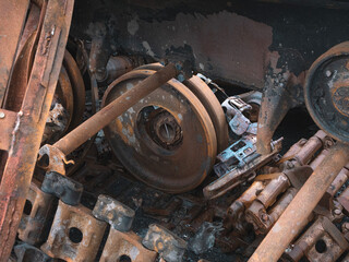 The war in Ukraine, a blown up tank, the remains of a tank suspension, broken tank rollers