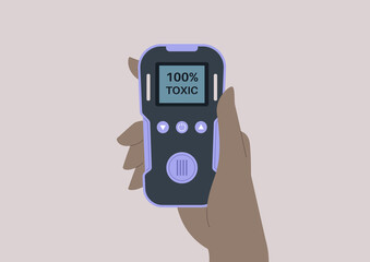 A hand holding a toxic meter indicating a 100% level of toxicity, a social or scientific concept