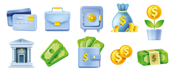 3D money bank icon set, vector finance business kit, locked safe, briefcase, credit card, building, coin. Online payment economy illustration, cashback wallet, revenue growth. Bank icon collection