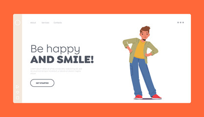 Kid Positivity, Happiness Landing Page Template. Happy Boy Wear Casual Clothes with Arms Akimbo. Self-Confident Child
