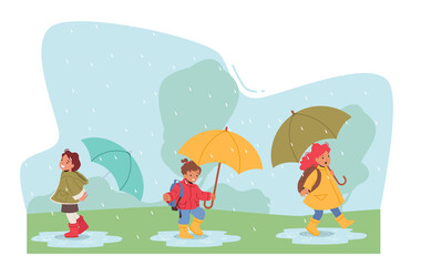 Obraz na płótnie Canvas Happy Kids Run under Umbrella, Baby Boys and Girls Characters Walking at Rainy Weather, Jump and Run by Puddles in Park