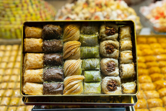 Turkish Dessert Baklava in the Grand Bazaar, Eminonu Fatih, Istanbul Turkey