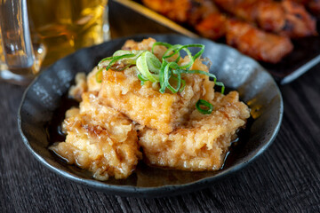 揚げだし豆腐と焼き鳥とビール　居酒屋メニュー
