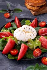 Burrata cheese on the salad with lettuce, spinach and tomatoes with spices and olive oil