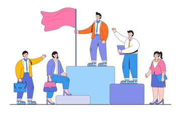 Leadership to guide team members, business direction to reach goal or target, and teamwork to success at work concepts. Businessman leader holds a winner flag and leads a group of businesspeople