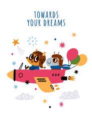 Animals pilots cards. Color airplanes with passengers and aviator. Cartoon characters fly on plane. Fox and hippo drive aircraft. Sky transportation. Traveling creatures. Vector postcard © VectorBum