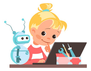 Children assemble robot. Girl with robotic toy and laptop. Smart kid programming android. Automatic electronic machine. Artificial intelligence. Vector educational scientific project