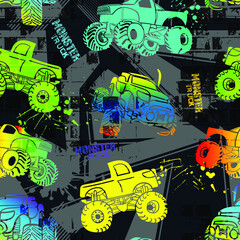Fototapeta na wymiar Abstract seamless Monster Truck car pattern on grunge shape cracked background with shabby dots and spray paint texture, ink. Boys style wheel auto repeated backdrop. 