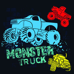 Monster Track car typography print. Vector illustration,  boys background  For print, baby clothes, t shirt, child or posters