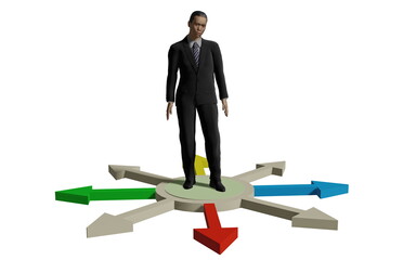 Business and purpose. A man in a business dark suit with an Asian tie looks at the arrows symbols of development. A businessman is looking for ways to develop his start-up business. 3d render