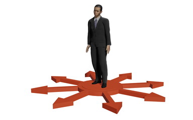 Business and purpose. A man in a business dark suit with an Asian tie looks at the arrows symbols of development. A businessman is looking for ways to develop his start-up business. 3d render
