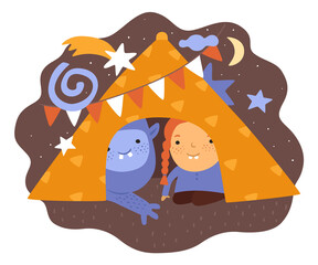 Children dreams. Little dreamer with fictional friends. Monster and kid play in tent. Bizarre alien creature. Girl and imaginary animal. Playful kid in teepee. Vector babies imagination