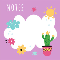 Cute llamas weekly planner. Note paper design with flowers and sun. Blank reminder page. Alpaca desert plant. Diary card. Funny clouds and houseplant. Vector organizer notepaper template