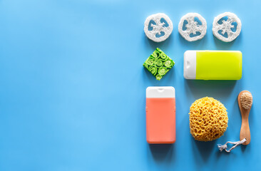 Spa composition with shower care products, flat lay.