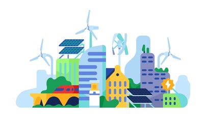 Eco energy city. Renewable electricity alternative sources. Natural ecological innovation. Urban environment. Cityscape with skyscrapers, solar panels and wind turbines. Vector concept
