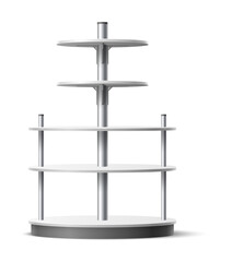 Empty shelving stand. Realistic shopping round shelves. Supermarket and stores furniture. Front view multi level racking. Shop merchandise presentation. Vector product showing rack