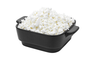Farm cottage cheese in a black bowl. Cottage cheese isolated on white background.