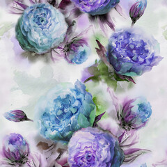 Beautiful blue roses flowers with green leaves on  background. Seamless floral pattern. Watercolor painting. Hand drawn illustration.