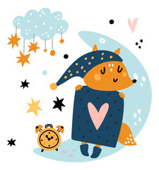 Sleepy cute animal. Baby dreaming in bed. Cartoon creature sleeping under blanket on crescent. Stars and clouds. Alarm clock. Fox in pajamas cap napping on moon. Vector slumbering mammal