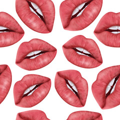 Illustration realism seamless pattern female lips of pink color on a white isolated background. High quality illustration