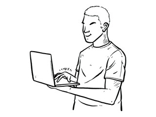 man working on laptop character on white background. Hand drawn style vector design illustrations.