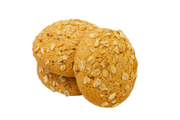Three oatmeal cookies isolated on a white background.