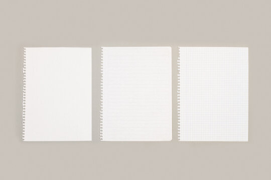 Hojas de papeles de cuaderno liso y cuadriculados en blanco para tareas y ejercicios sobre un fondo gris liso y aislado. Vista superior y de cerca. Copy space
