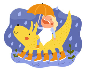 Children dreams. Little dreamer with fictional friend. Girl and bizarre animal walking together in rain. Cute monster and kid with umbrella. Vector baby and imaginary creature friendship