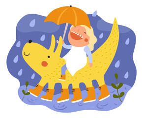 Obraz premium Children dreams. Little dreamer with fictional friend. Girl and bizarre animal walking together in rain. Cute monster and kid with umbrella. Vector baby and imaginary creature friendship