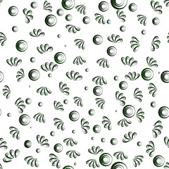 Patrón cuatro colores, negro, naranja, verde, morado o violeta y azul con círculos concéntricos y formas de mejillones