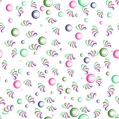 Patrón verde, fucsia y morado con círculos concéntricos y formas de mejillones