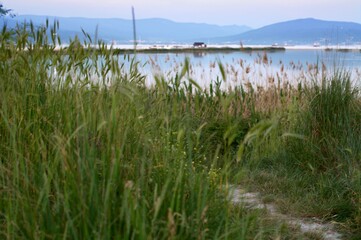 Obraz premium Road to the sea. Beautiful seascape at sunset. Blue sky. Mirror surface of water. Mountain ranges on the horizon. Beach of Alexino . Novorossiysk. Russia.