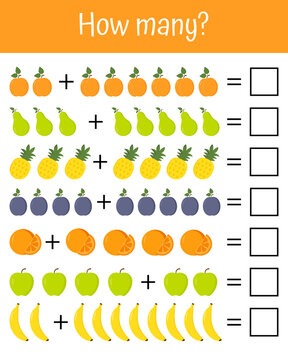 Learning multiplication. Preschool reschool and school worksheet activity, count and write the result. Worksheet for school kids. Maths game with fruits for children, easy level, education game.