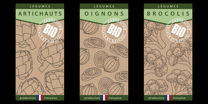 3 &eacute;tiquettes pour 3 vari&eacute;t&eacute;s de l&eacute;gumes bio, d&eacute;cor&eacute;es de pictogrammes aux contours gris sur un fond de papier kraft  traduction : l&eacute;gumes, artichaut, oignon et brocoli, production fran&ccedil;aise.