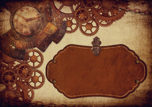 Steampunk Hintergrundbild für Anlässe mit rostigen Zahnrädern und Uhr
