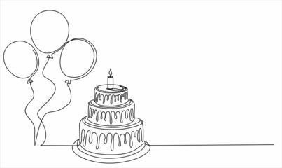 Continuous line drawing of birthday cake and balloons. Cake with sweet cream and a candle. Birthday celebration concept isolated on white background. Hand drawn design vector illustration