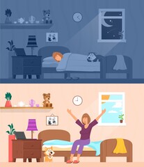 Woman sleeping. Sleep and wake up and stretch in bed girl. Healthy sleepover in bedroom, night and morning of female decent vector character