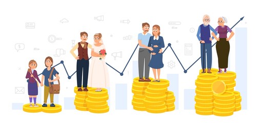 Obraz premium Retirement savings plan. Invest in self and family, rich grandparents. Planning money save, business financial management. People stand on money decent vector concept