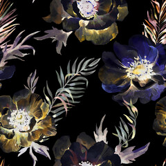 Beautiful vivid anemone flowers on black background. Seamless floral pattern. Watercolor painting. Hand drawn and painted illustration. - 509190347