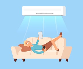Man under air conditioning. Guy rest on sofa with tablet and cooling. Hot summer, conditioned room. Comfort climate control at heat decent vector concept