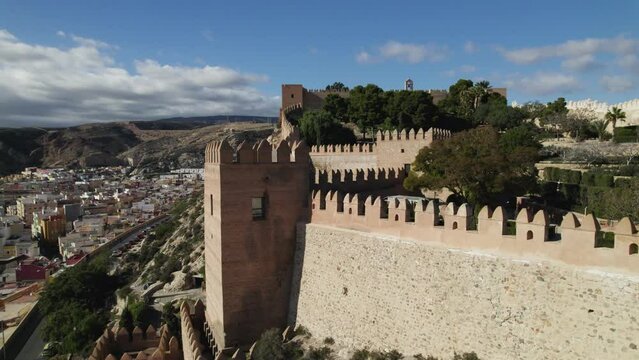 Moorish fortified walls from Alcabaza of Almer&iacute;a, Aerial Pullback. Spain