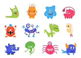 Cartoon cute monsters. Flat monster with crazy smile, silly color isolated kids characters. Funny toys, baby creatures design, decent vector kit