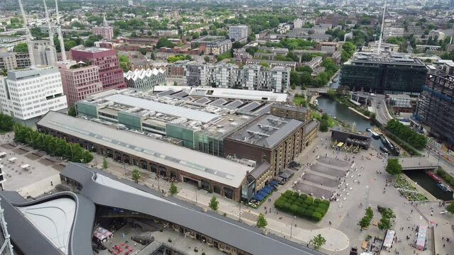 Coal drops yard Kings Cross London UK drone aerial view summer
